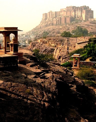View towards the impressive Mehrangarh Fort in Jodhpur, India