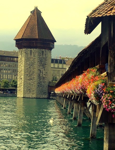 Kapellbrucke timber bridge in Lucerne, Switzerland 