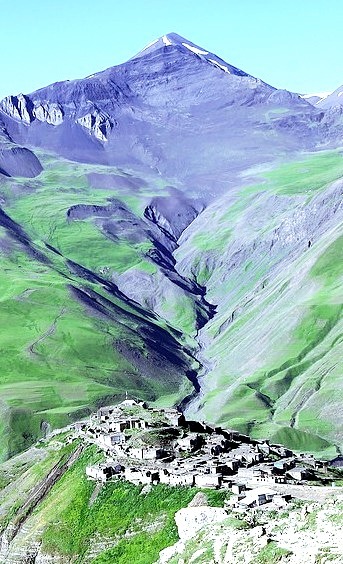Great view from the mountain side of the ancient village Xinaliq in Azerbaijan