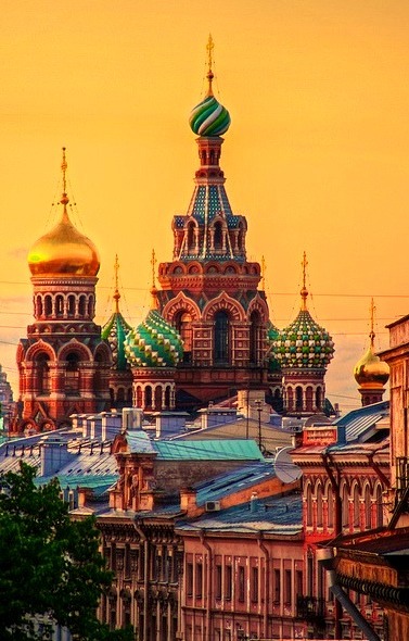 Sunset view of Church of Our Savior on The Spilled Blood in Saint Petersburg, Russia
