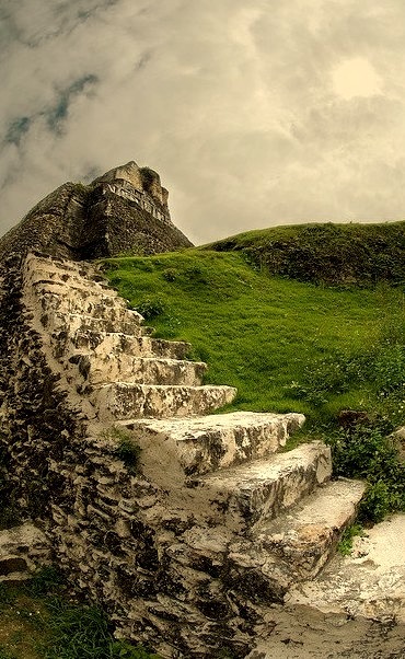 Stairway to Xunantunich mayan temple ruins in western Belize