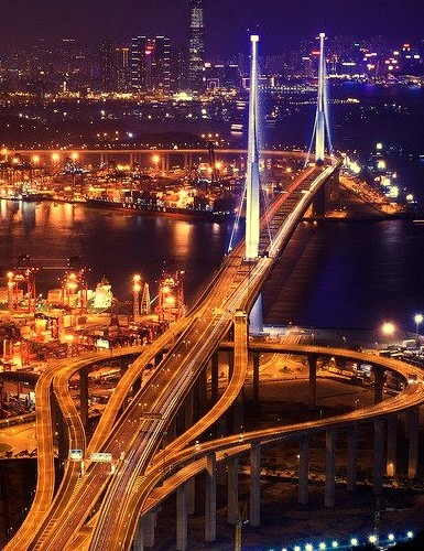 The night scene of Stonecutters Bridge, from Tsing Yi Peak, Hong Kong