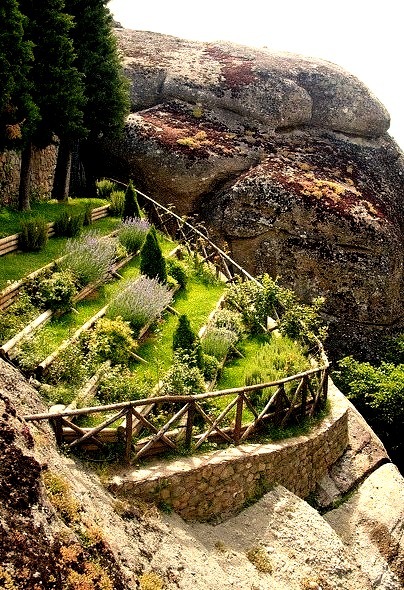Suspended cliff garden at Meteora, Greece